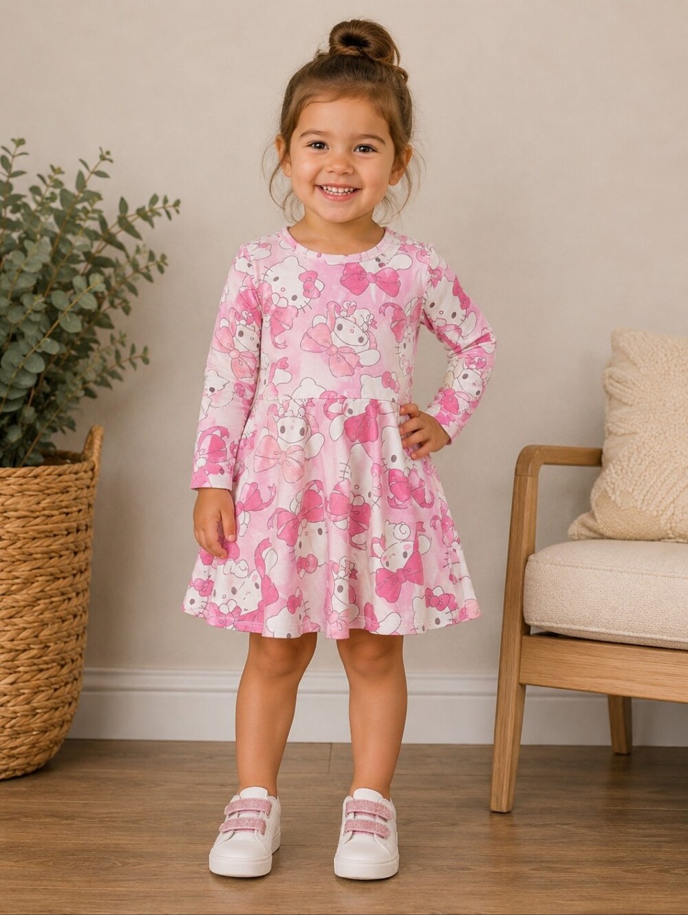 Hello Kitty Pink Bow Print Long Sleeve Dress Size 3t